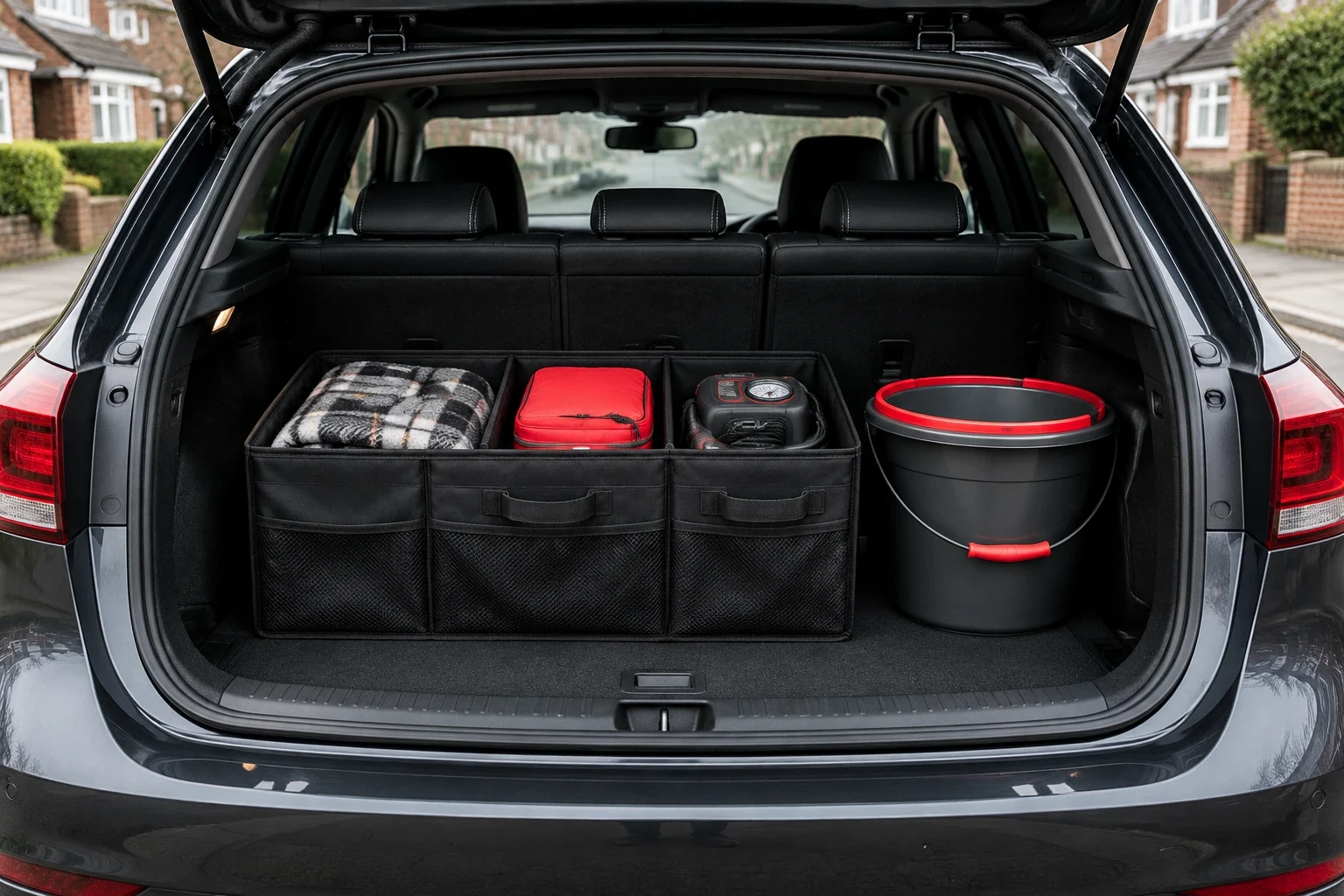 Neatly organised car boot with organiser and emergency kit