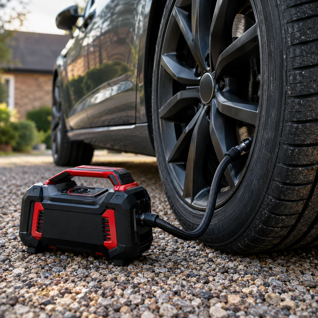 Portable tyre inflator connected to a car tyre