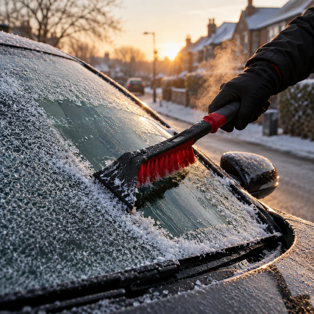 Gloved hand scraping frost from a windscreen at sunrise