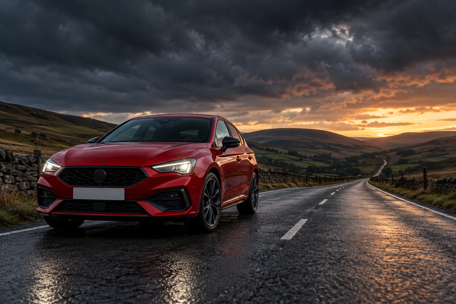 Red hatchback with headlights on, driving along a wet British country road at dusk