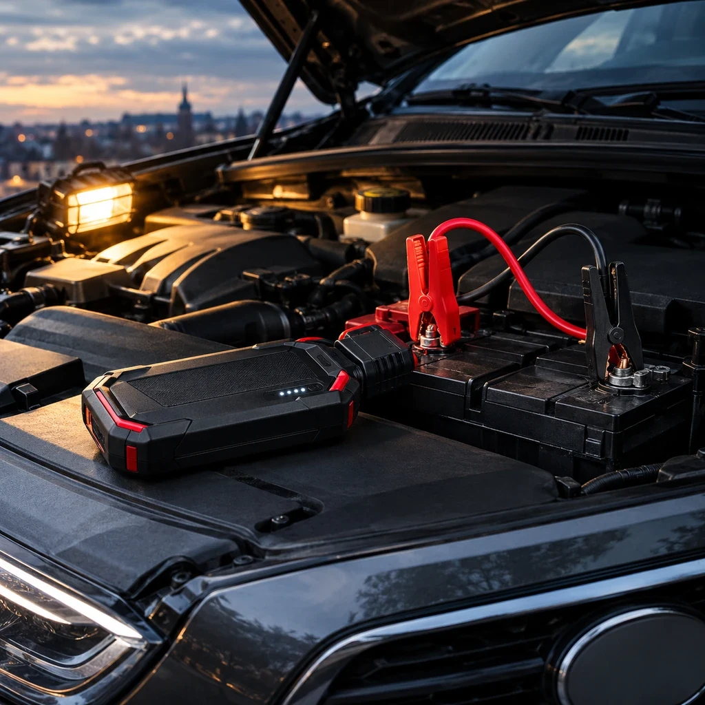 Jump starter clamps on a car battery