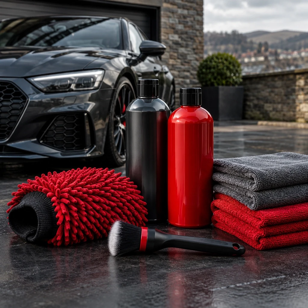 Shampoo, wax, microfibre cloths and wash mitt