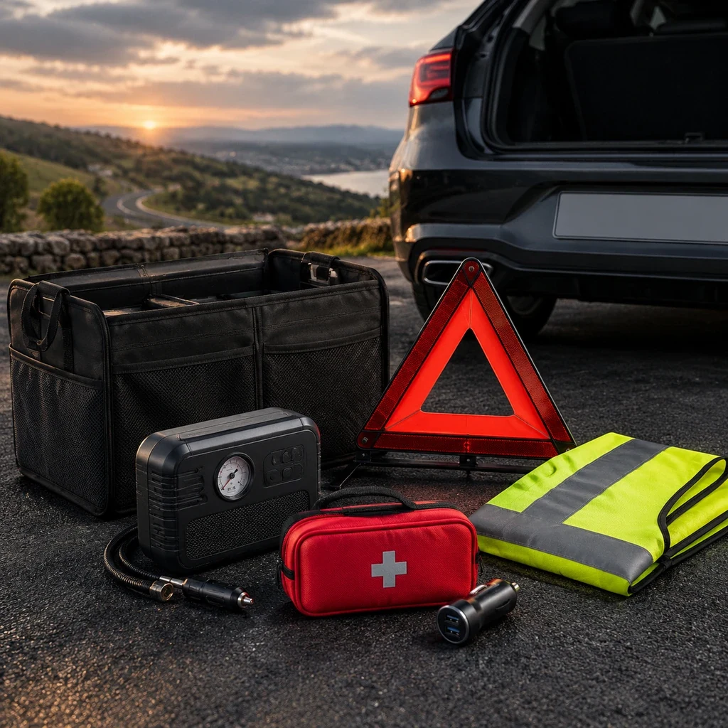 Tyre inflator, warning triangle, hi-vis vest and organiser