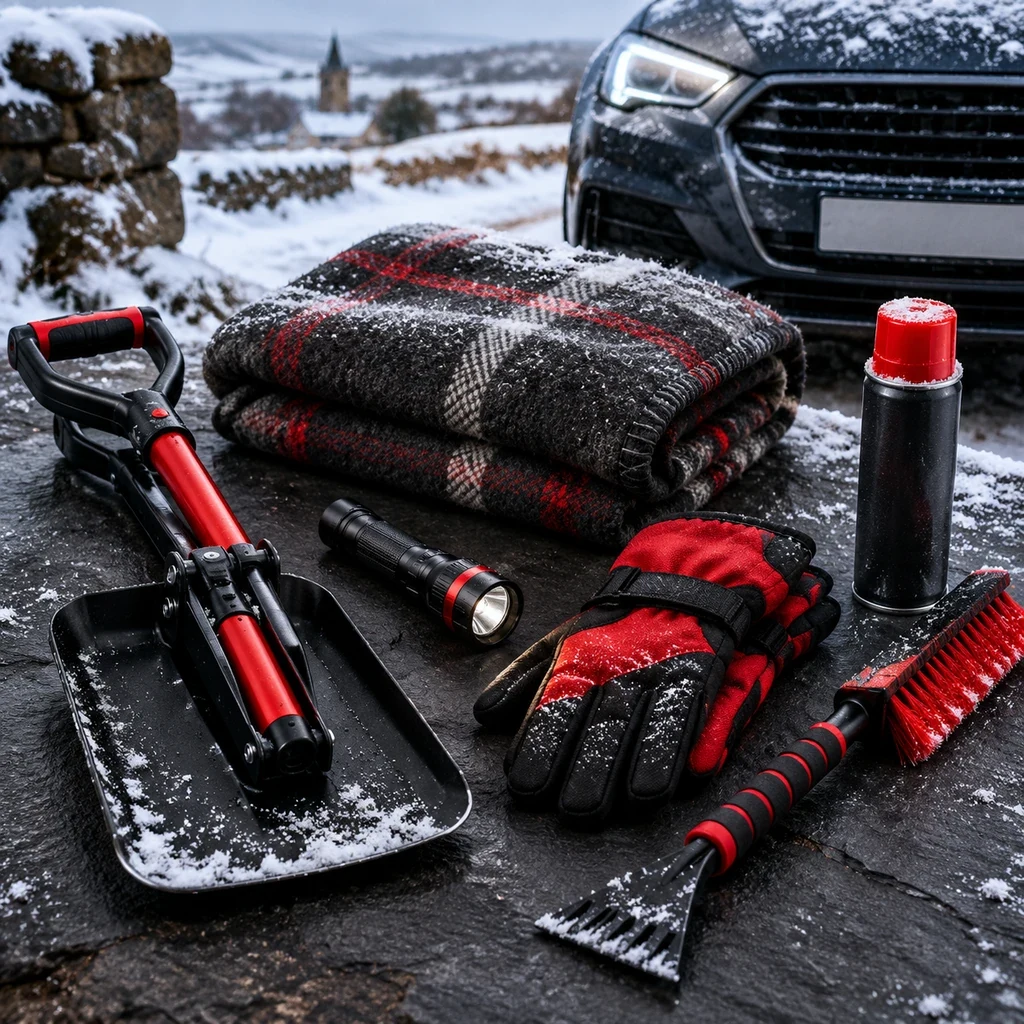 Folding shovel, blanket, torch and gloves dusted with snow