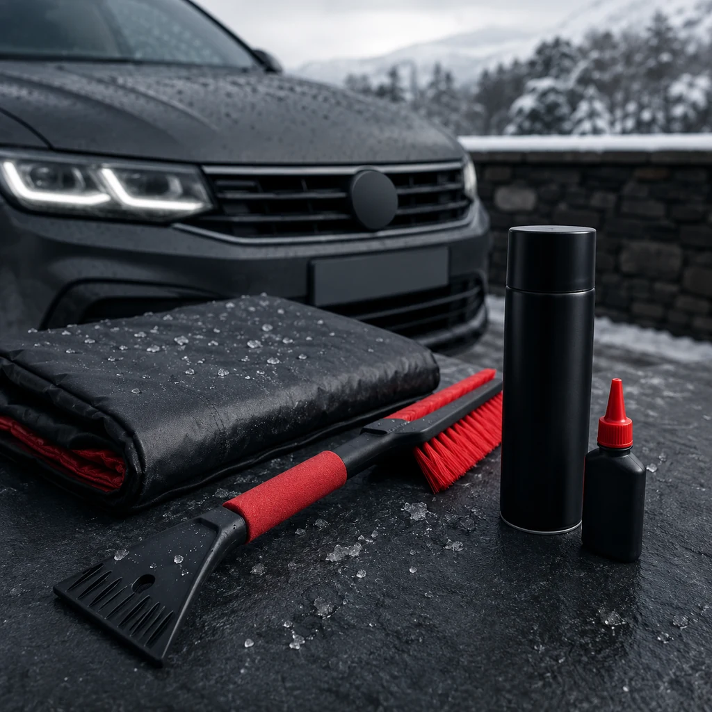 Snow brush, de-icer and frost cover on dark slate