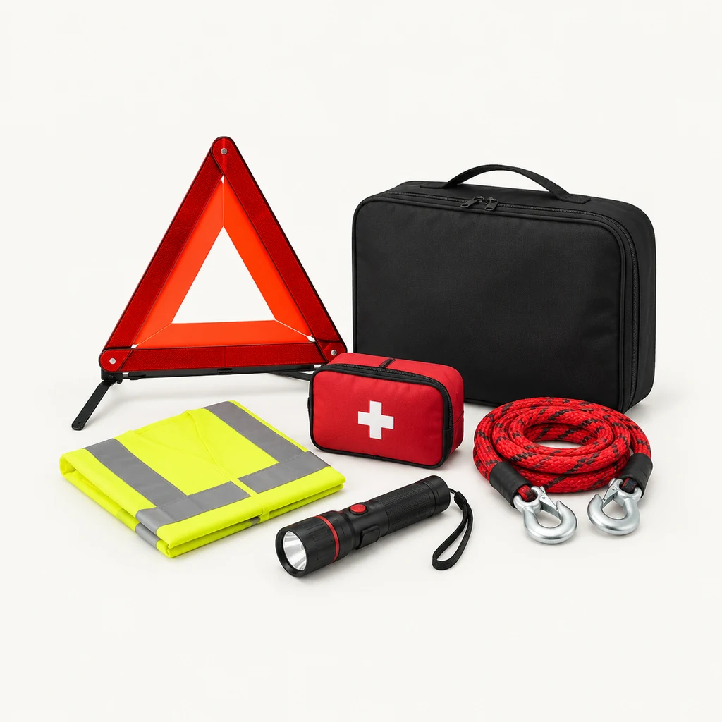 Roadside emergency kit with warning triangle and hi-vis vest