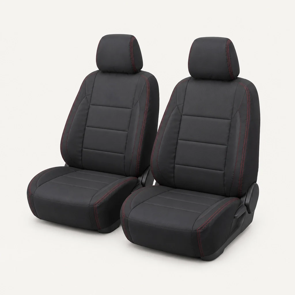 Charcoal waterproof front seat covers with red stitching
