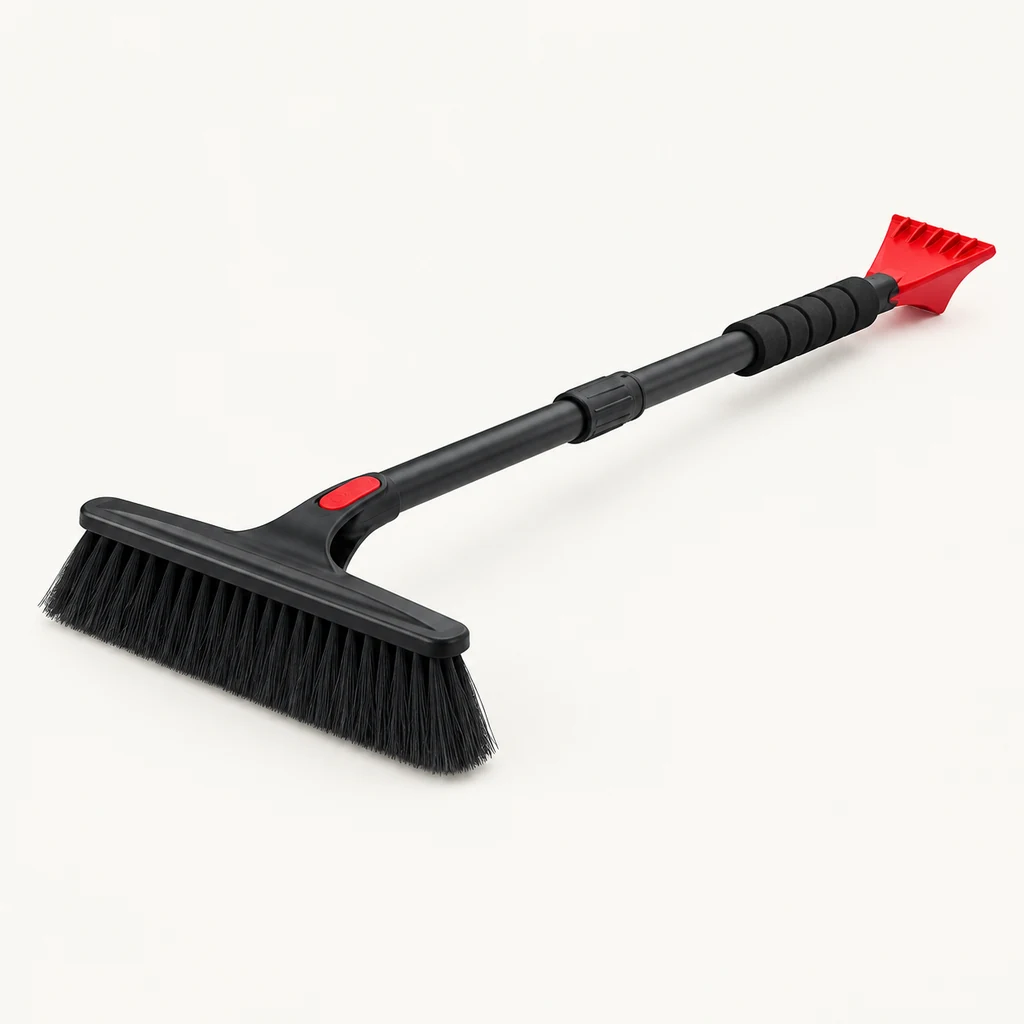 Extendable snow brush with red ice scraper