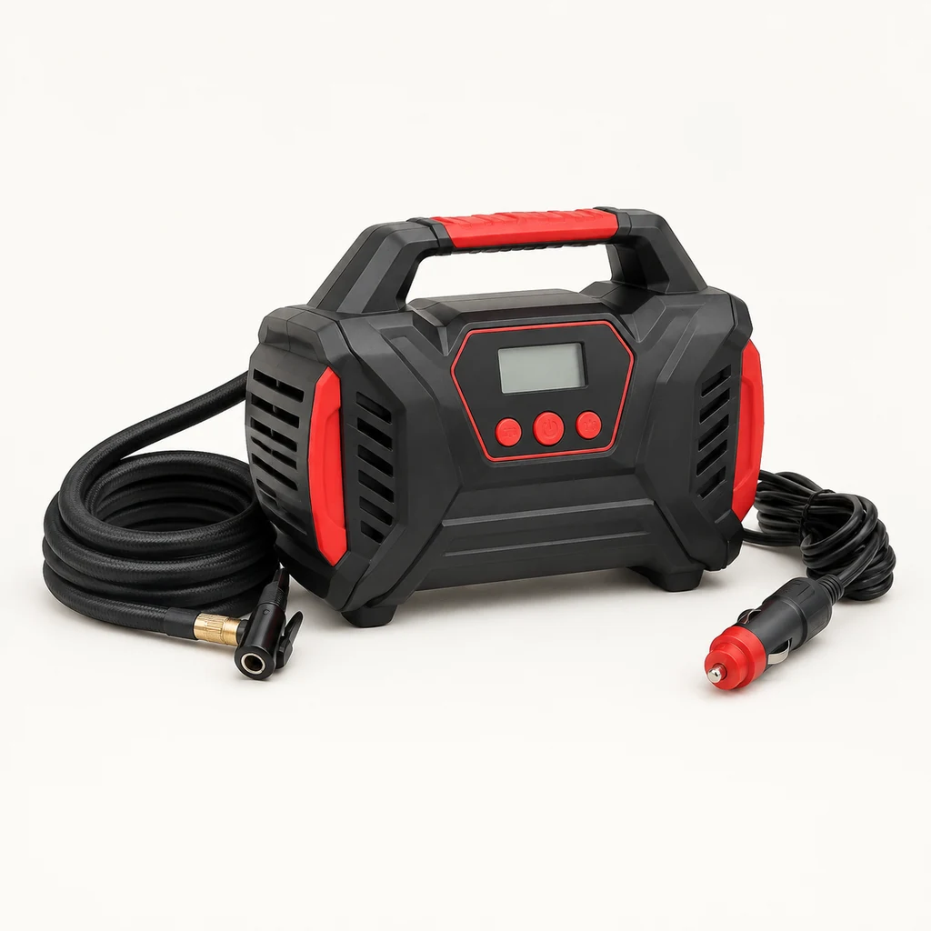 Compact black and red digital tyre inflator