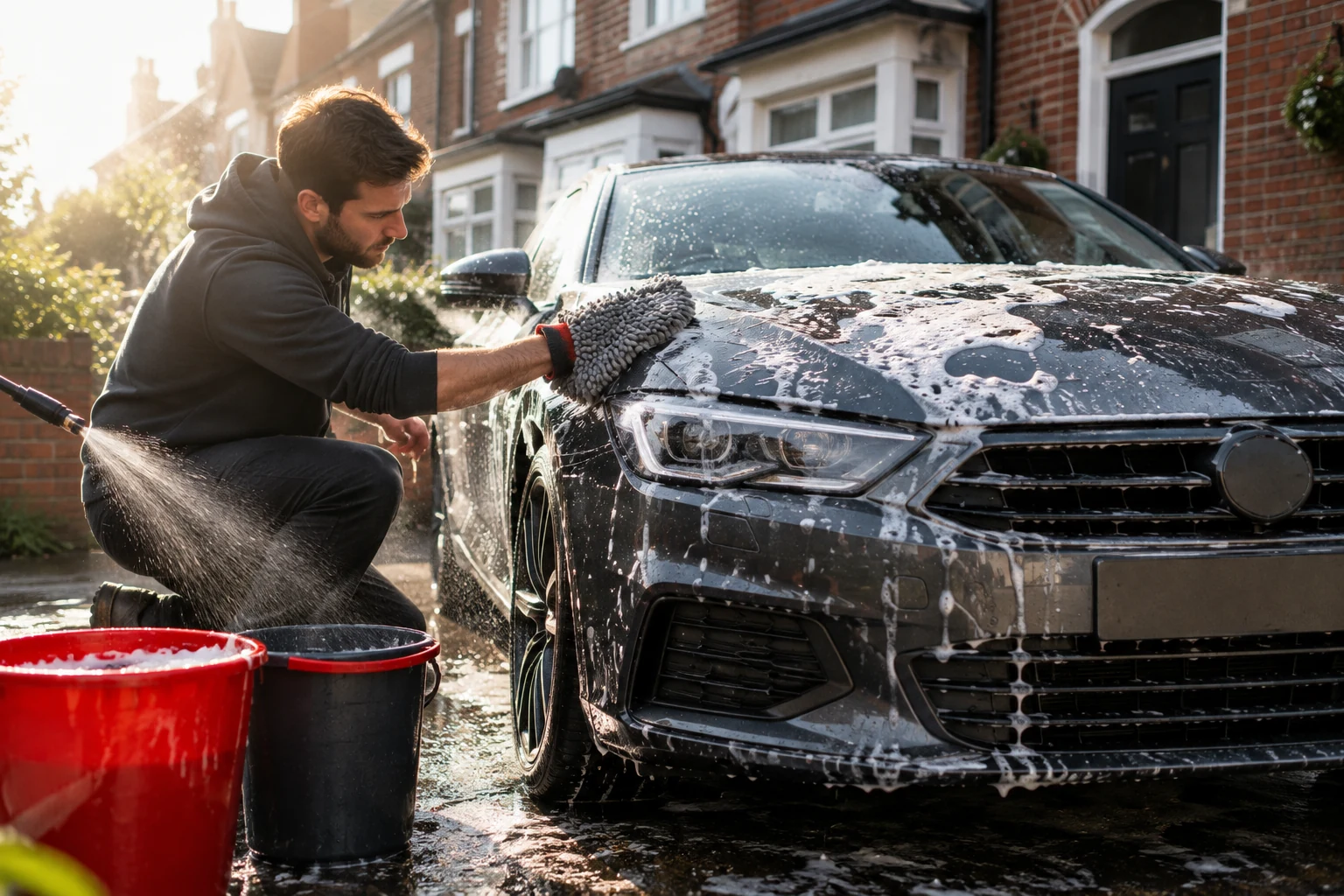 Car being washed on a driveway